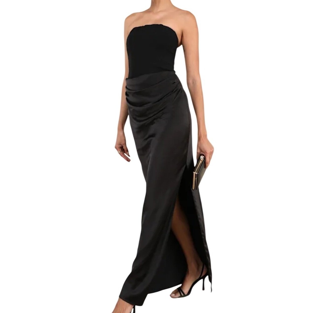 NWT Lulus Mella Black Mixed Media Strapless Maxi Dress XS Formal Satin Gown Glam